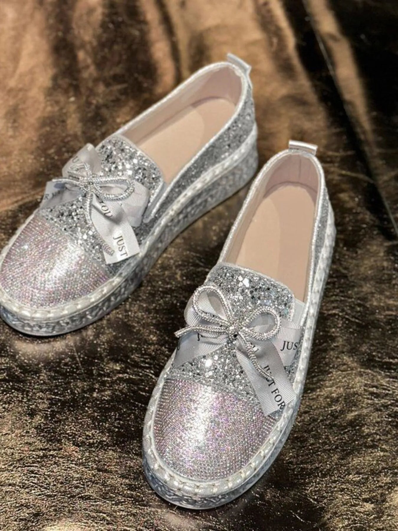 Rhinestone Bow Round Toe Slip-Ons