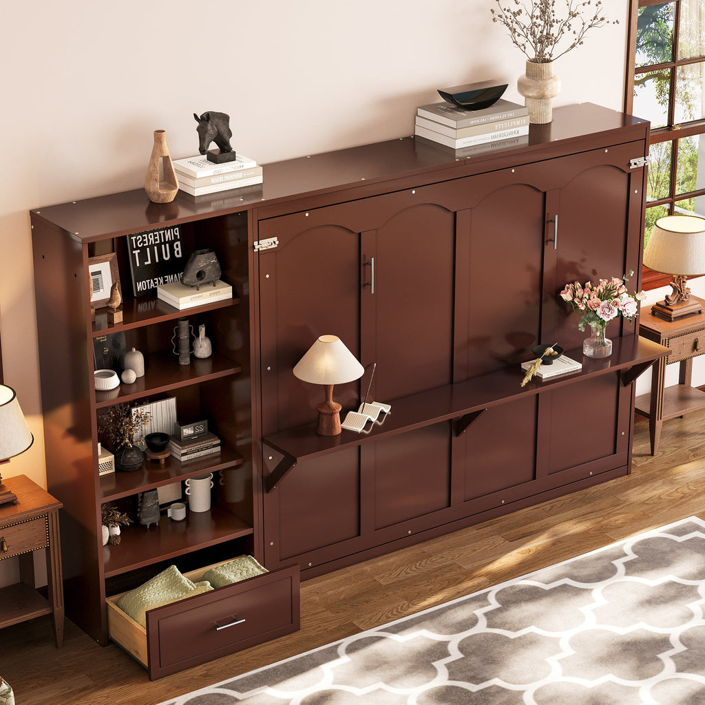 Queen Size Murphy Bed with Height Adjustable Storage Compartments and Shelf, Wall Bed Frame With 1 Drawer, Multifunctional Foldable Platform Bed for Small Space,Bedroom,Guest Room, Walnut
