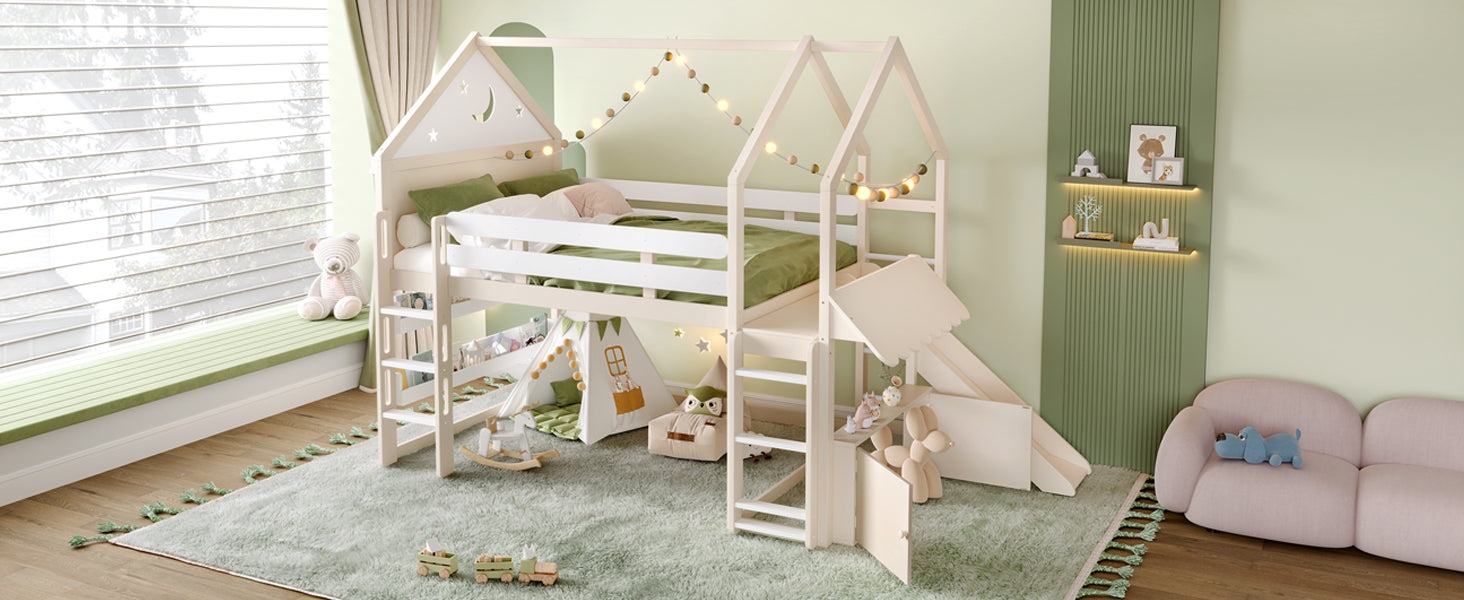 Full Size Loft Bed with Bookshelf Playful Design for Kids House-Shaped Structure with Slide High-Quality Safety Rails,Beige