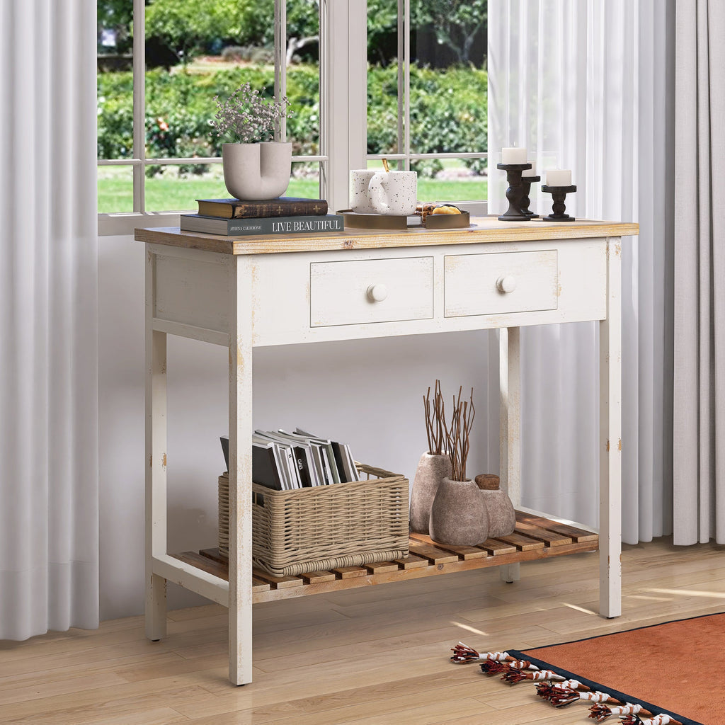 Vintage Two - Drawer Console Table with Open Shelf, Distressed Finish for Entryway & Living Room