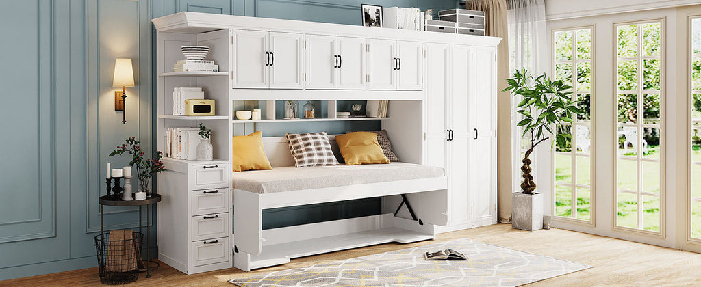 Twin Size Murphy Bed Wall Bed with Wardrobe, Cabinet and Desk, White
