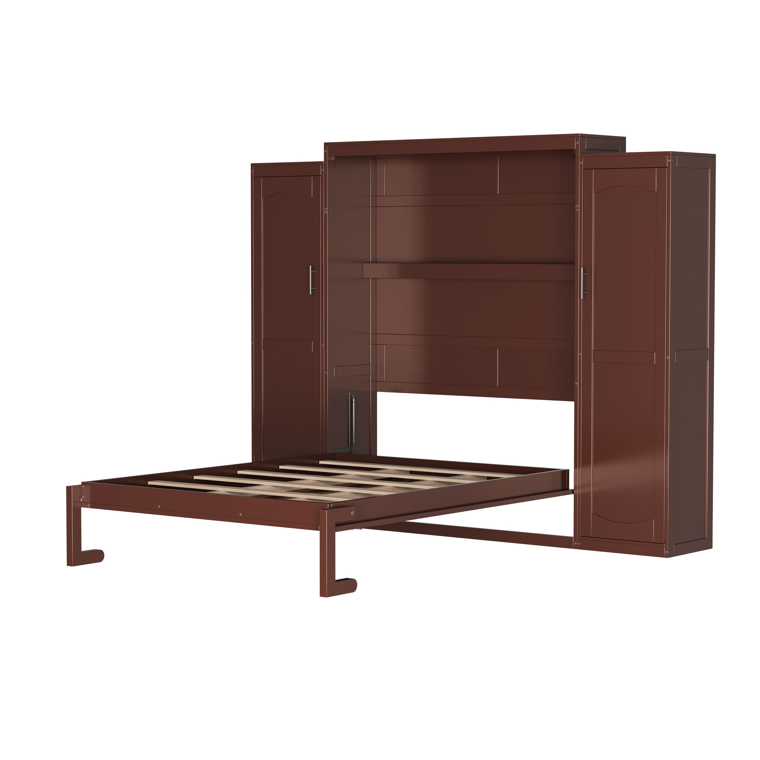 Full Size Murphy Bed, Wooden Full Wall Bed with 2 Wardrobe and Storage Shelf, Multifunctional Foldable Platform Bedframe for Guest-Room, Bedroom, Walnut