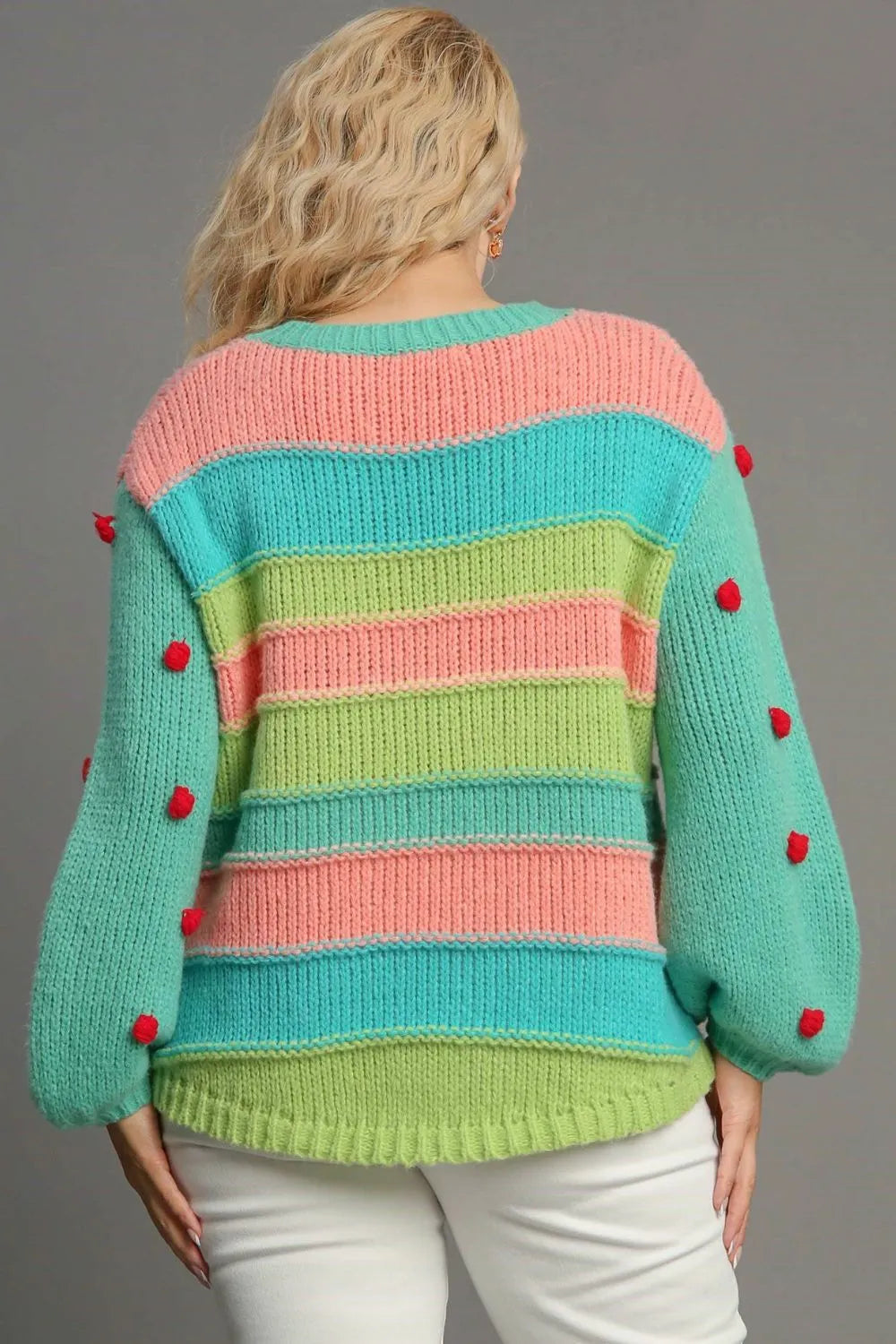 Umgee Full Size Color Block Cable Knit Sweater with Pom Pom Plus Size