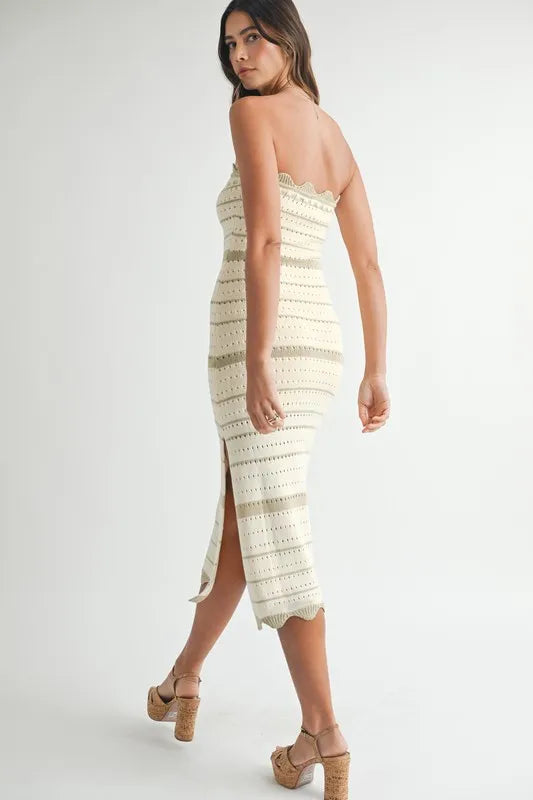MABLE Contrast Striped Crochet Knit Midi Dress