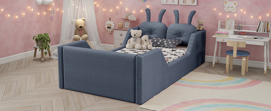 Twin Size Upholstered Platform Bed with Rabbit Cushion, Kids Floor Upholstered Bed with Removable Side Rails, Gray(Expect Arrival Date 2025/1/15)