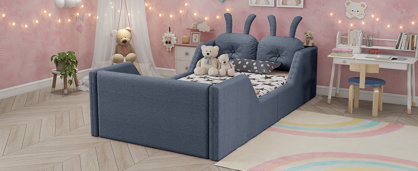 Twin Size Upholstered Platform Bed with Rabbit Cushion, Kids Floor Upholstered Bed with Removable Side Rails, Gray(Expect Arrival Date 2025/1/15)