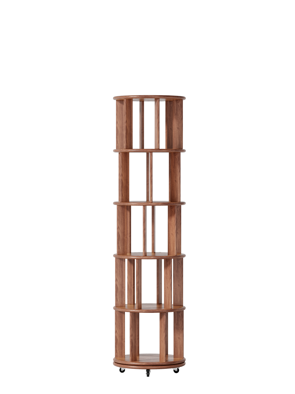 100%Solid Wood Rotating Bookshelf on Wheels,5 Tier, Round Revolving Bookcase, 360° Spinning Book Shelf Tower for Kids, Narrow Rolling Bookshelves for Small Space, Corner, Bedroom, Office, Walnut