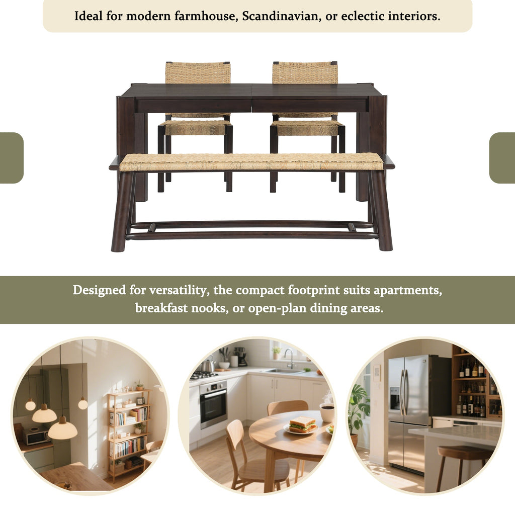 Modern Farmhouse Extendable Dining Table Set with Solid Wood Rattan Chairs – Expandable 59' to 73' for 4-8 Guests in Walnut & Champagne