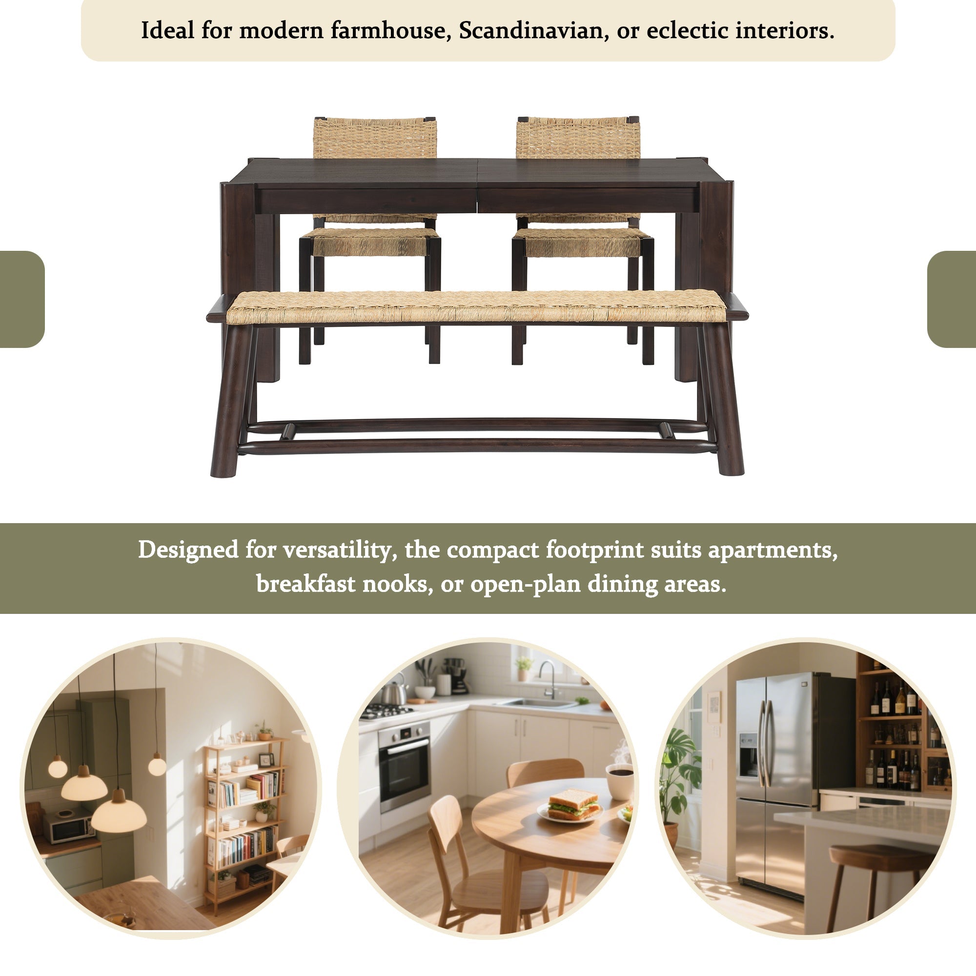 Modern Farmhouse Extendable Dining Table Set with Solid Wood Rattan Chairs – Expandable 59' to 73' for 4-8 Guests in Walnut & Champagne