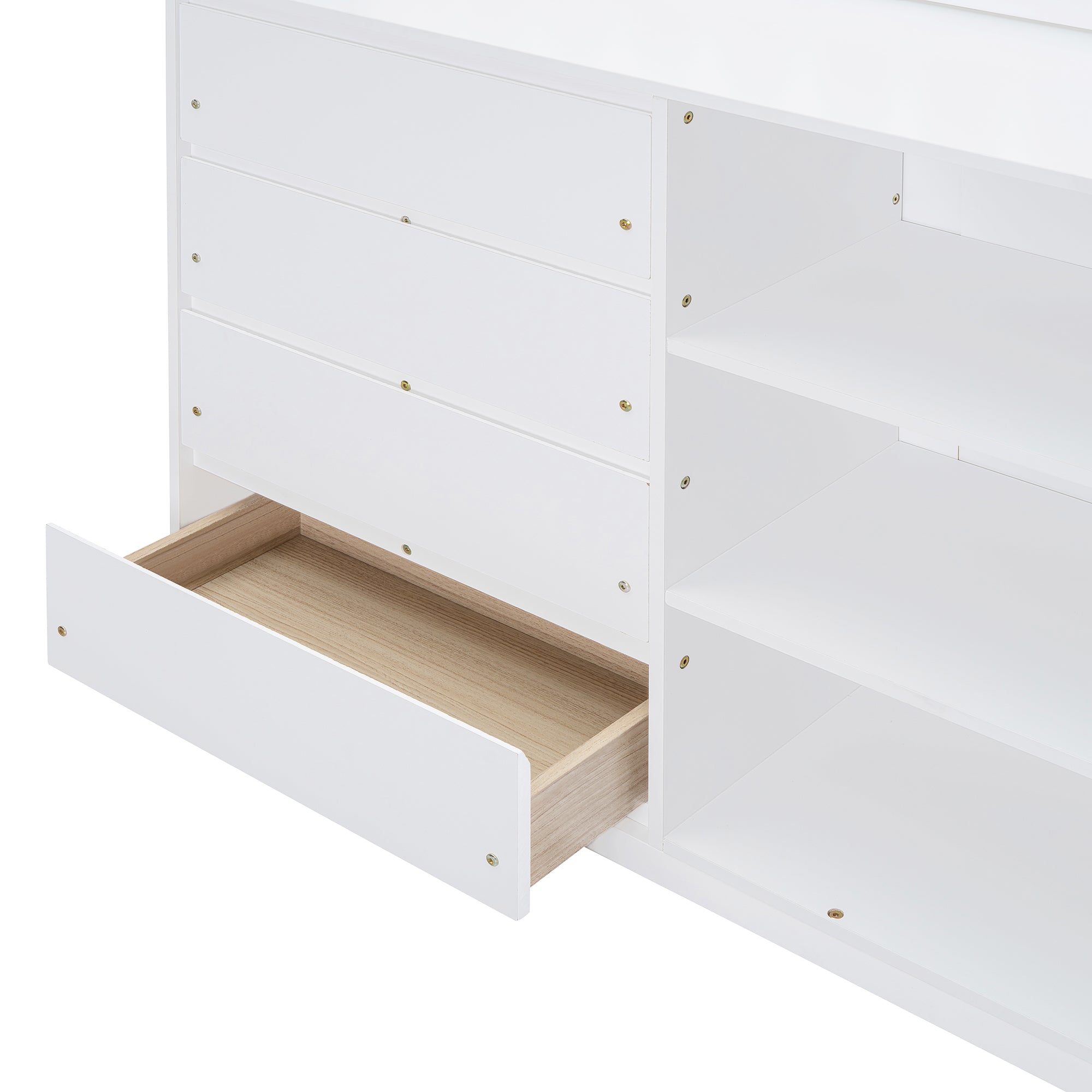 Elegant White Full Over Full Bunk Bed with Storage and Shelves - Solid Wood and Durable Design
