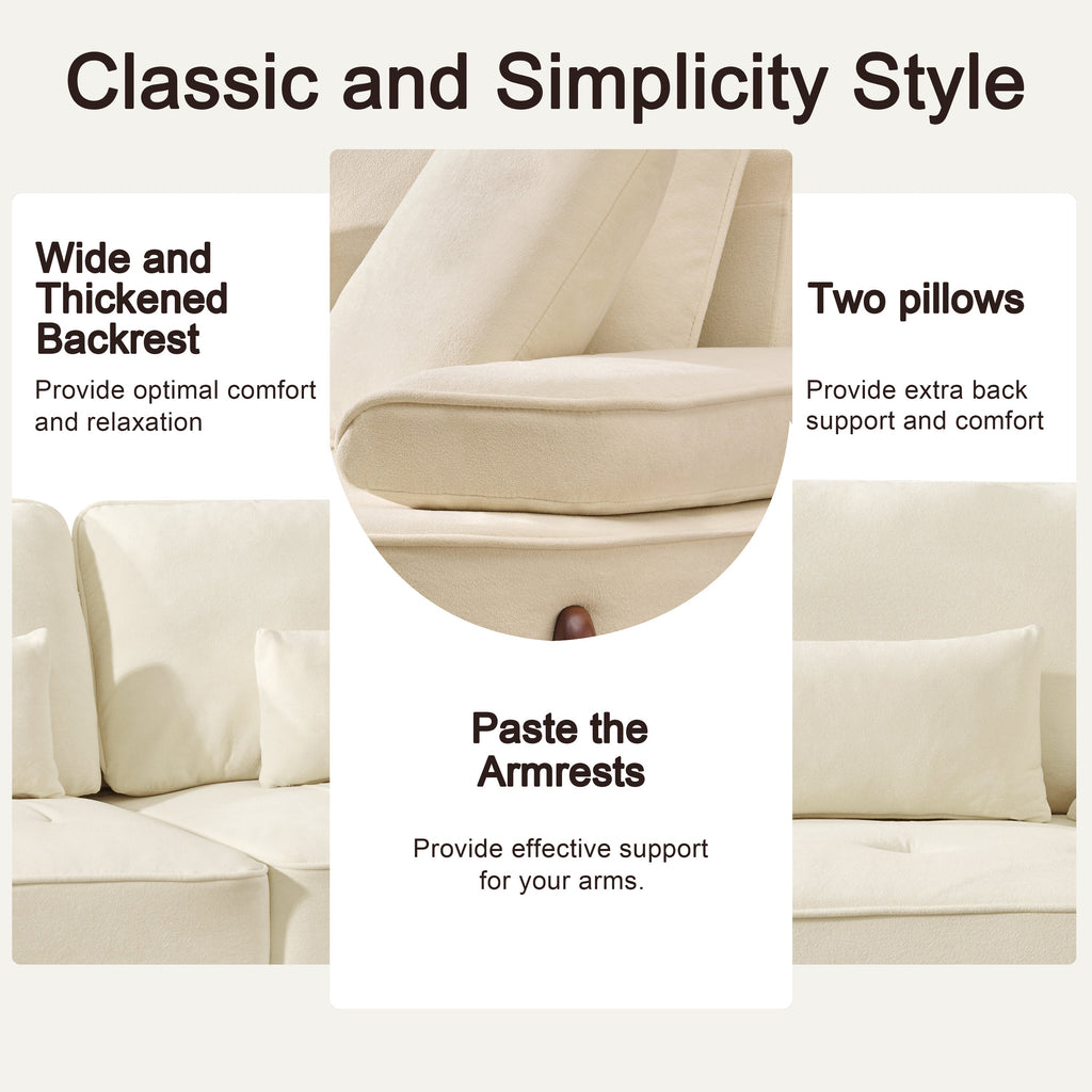 103 Inch Comfortable Deep Seated Sofa with Pillows in Beige Cloud Velvet Polyester for Bedroom, Living Room, Office