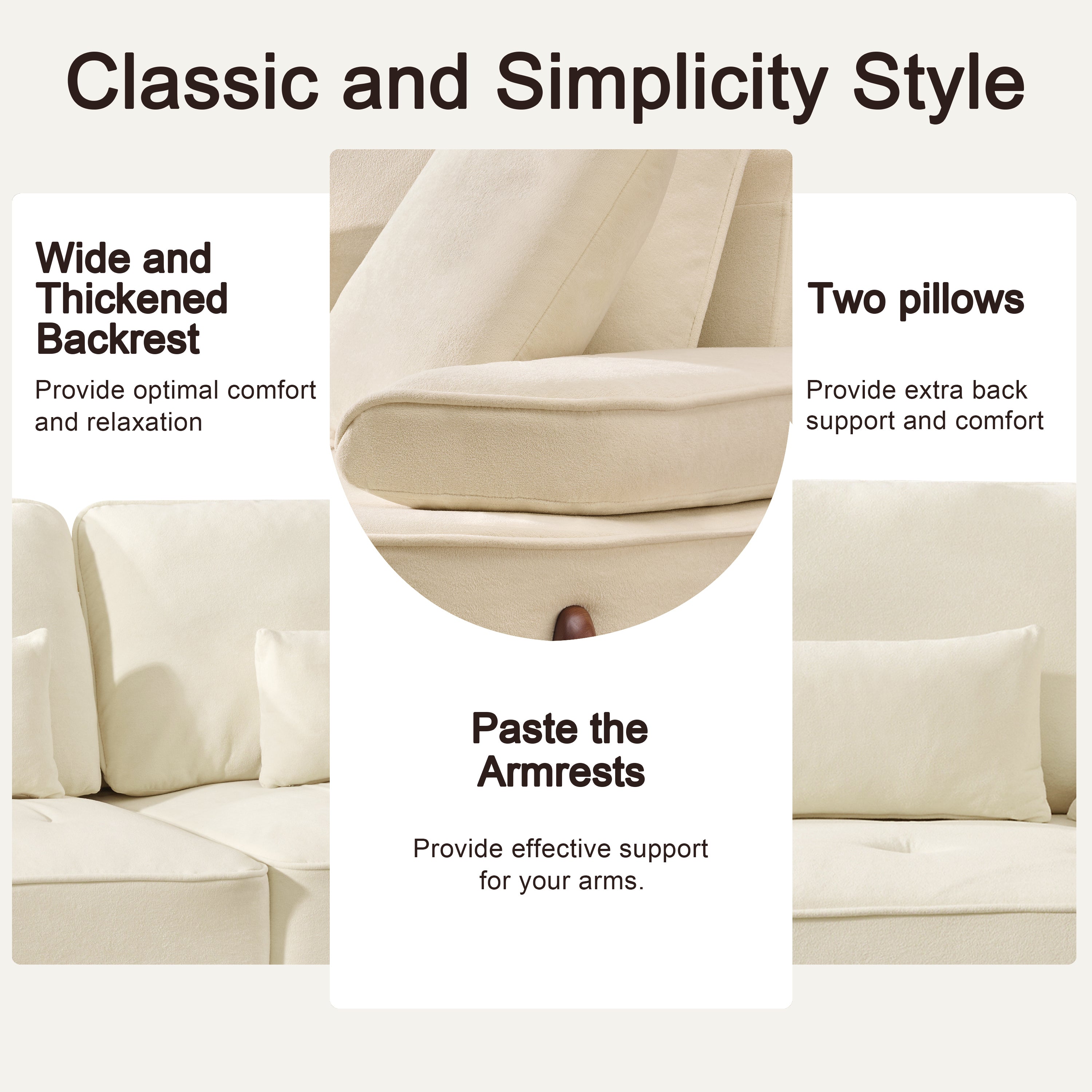 103 Inch Comfortable Deep Seated Sofa with Pillows in Beige Cloud Velvet Polyester for Bedroom, Living Room, Office