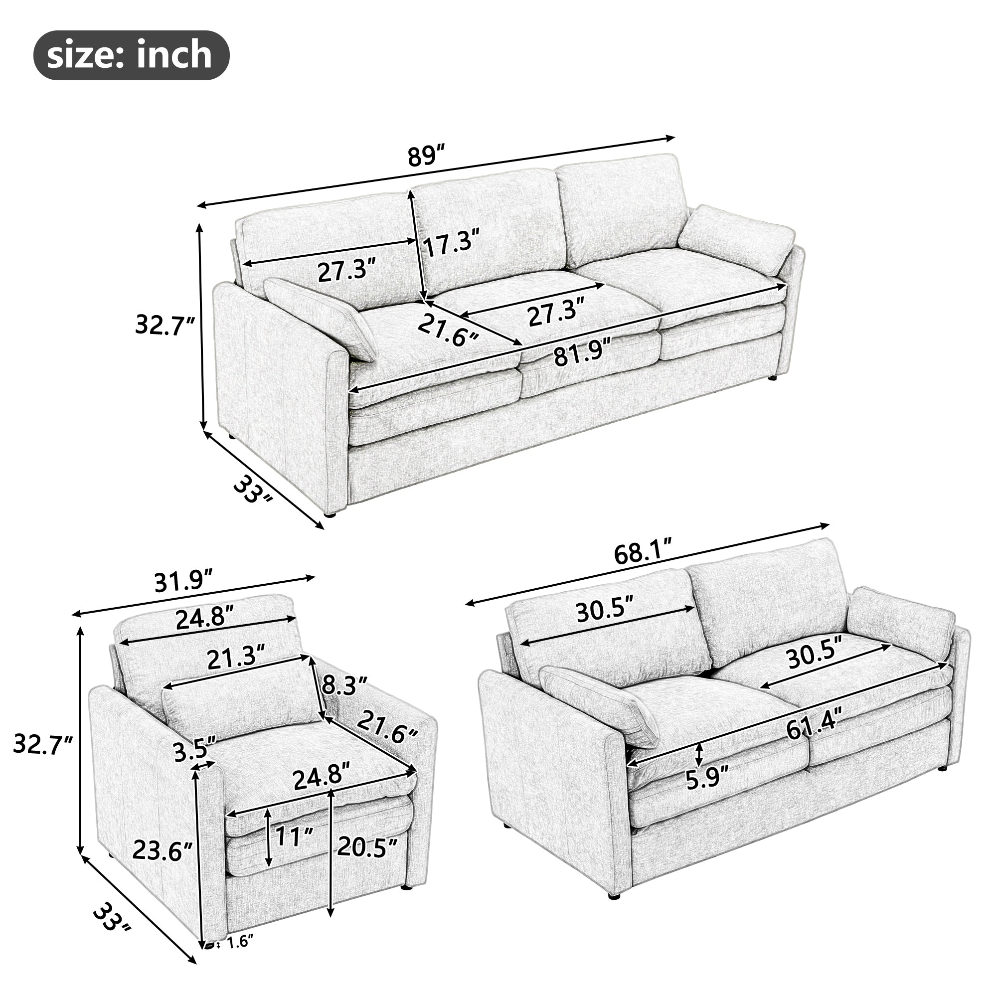 Cozy Upholstered Sofa Set Oversized Comfy Cloud Sofa Double Cushion Sofa Group Plush Cushion Sofa Couch for Living Room, Beige