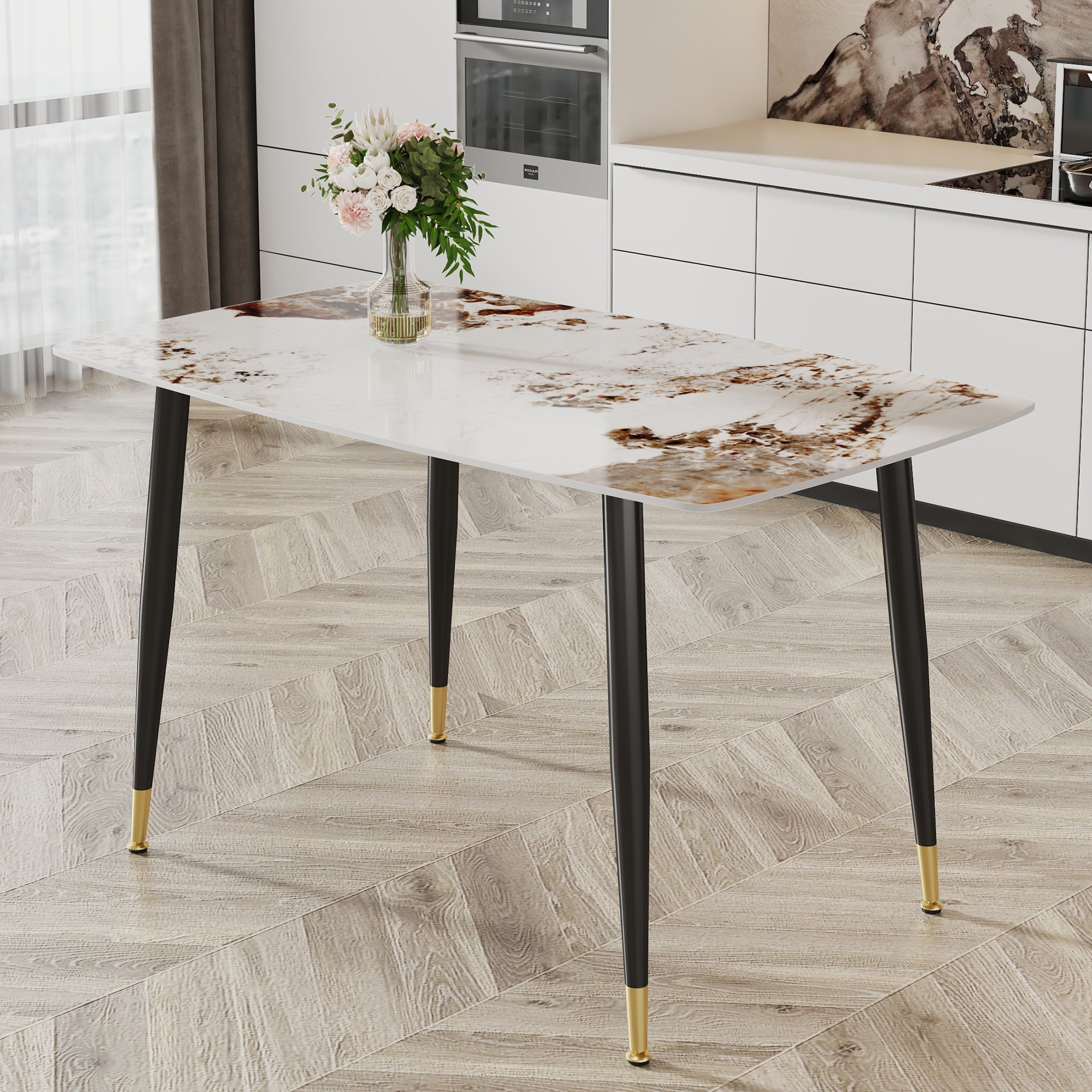 Modern minimalist dining table. A patterned SINTERED STONE tabletop with black metal legs. Suitable for kitchen and living room 50'*30'*30' F-001.W1151S00398