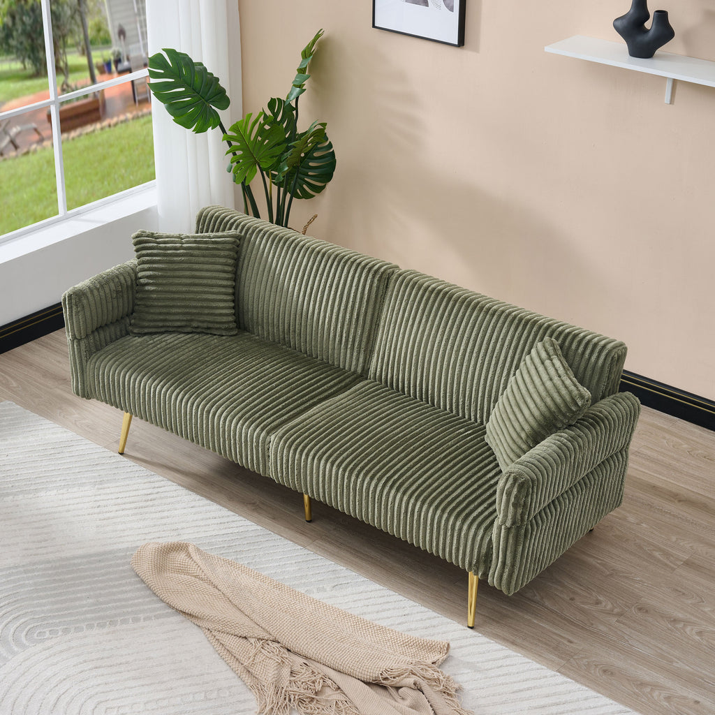 Modern Corduroy Sofa Bed, Foldable Double Sofa with Armrests, Green Velvet, 79 Inch