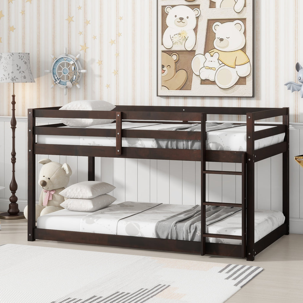 Solid Wooden, Solid Rubber Wooden Twin over Twin Floor Bunk Bed with Ladder, with Bed Platform of Strengthened Slats  , Espresso