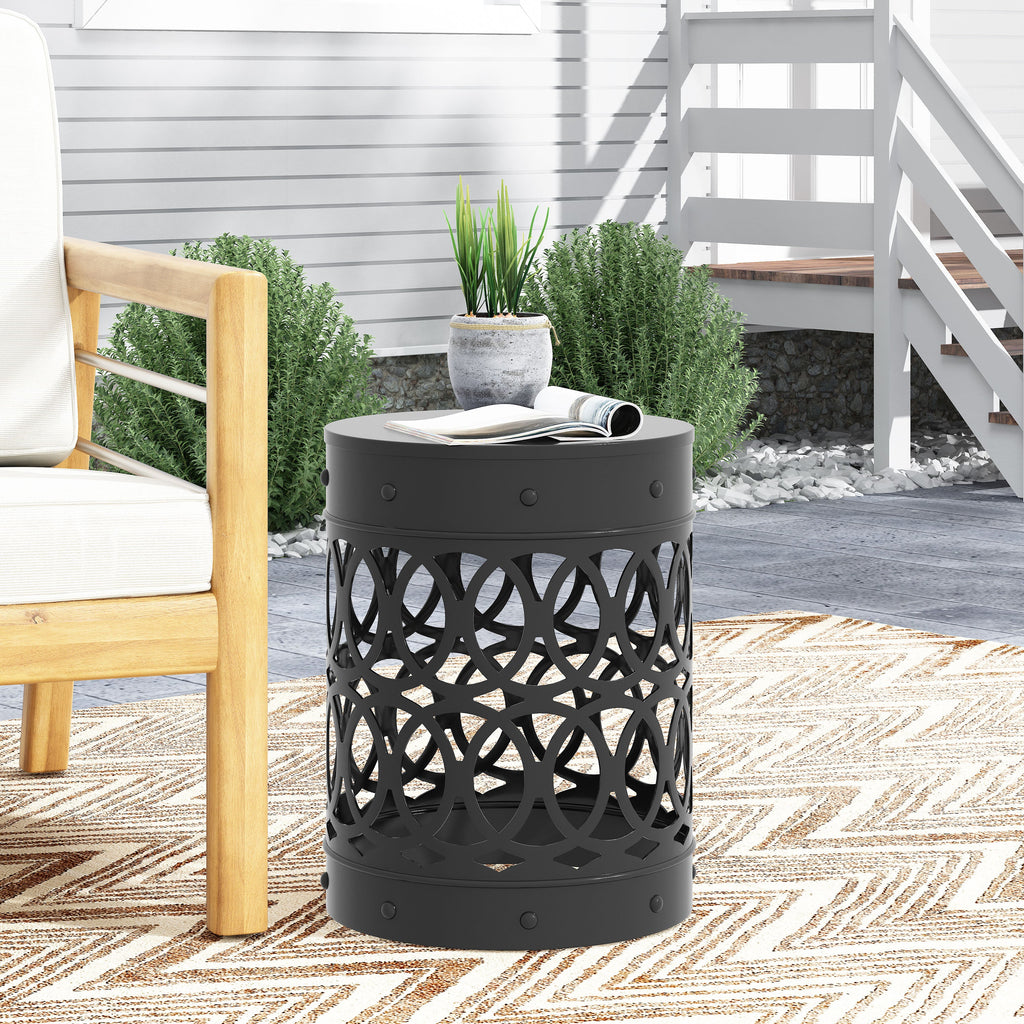Modern Outdoor Metal End Table with Iron Cut Design in Black, Large Size