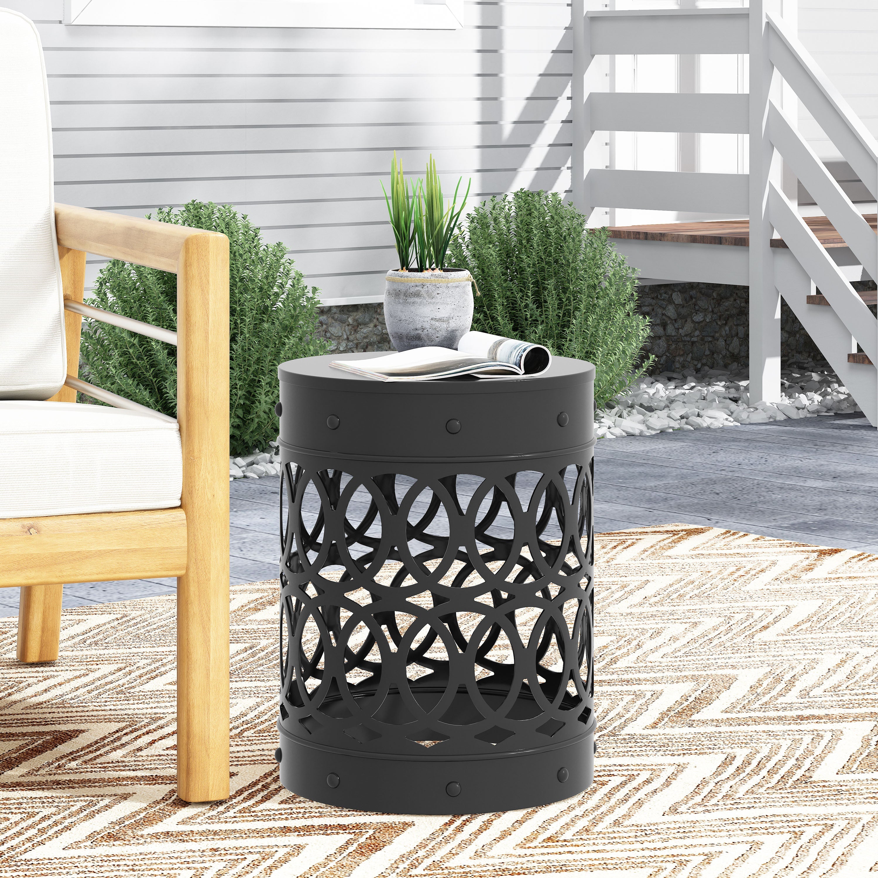 Modern Outdoor Metal End Table with Iron Cut Design in Black, Large Size