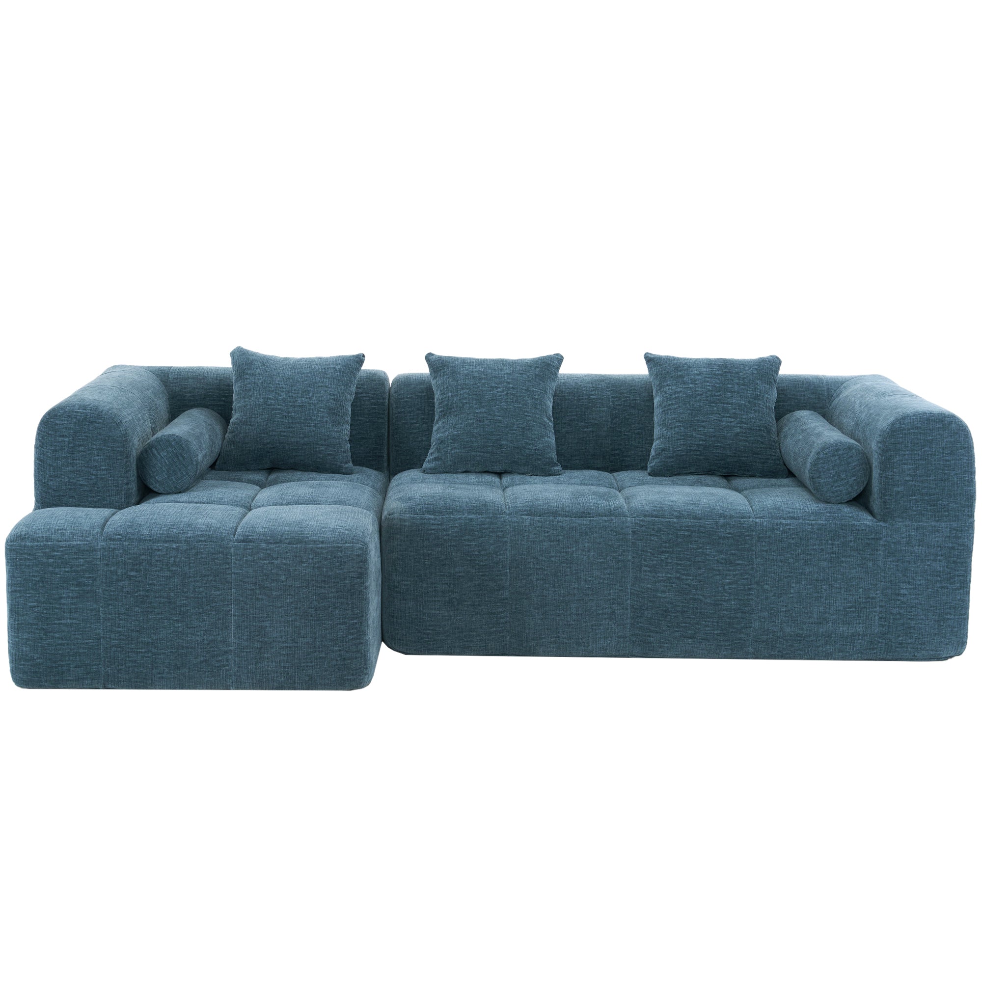 Modern Modular Sofa with Deep Seating, Two Side Pockets, and Plush Pillows in Blue Chenille Fabric, 101.2'