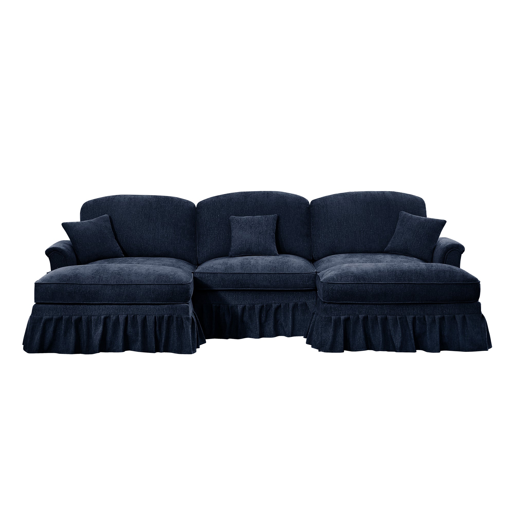 Classic Comfy Modular U Shape Sectional Sofa Couch with Flared Arms and Removable Ruffles Pleats Skirts and Spindle Legs, Upholstered Chenille Deep Seat Cloud Sofa with Movable Ottomans, Blue