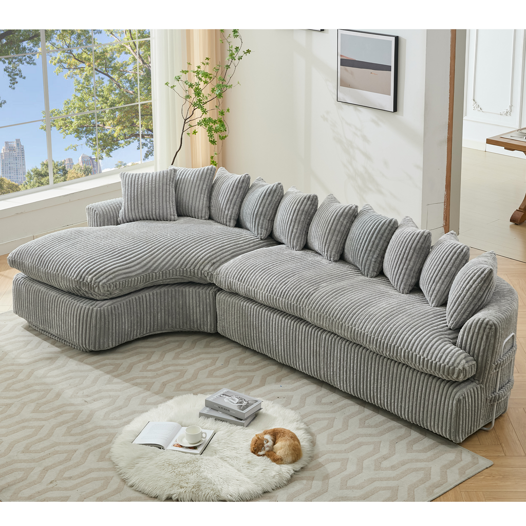 127''  Large Sectional Sofa ,Elegant Curved Design ,High-Resilience Foam ,Ten Back Cushions,L-Shape Left Sofa,No Assembly  Required , (Gray-Soft Corduroy Fabric)