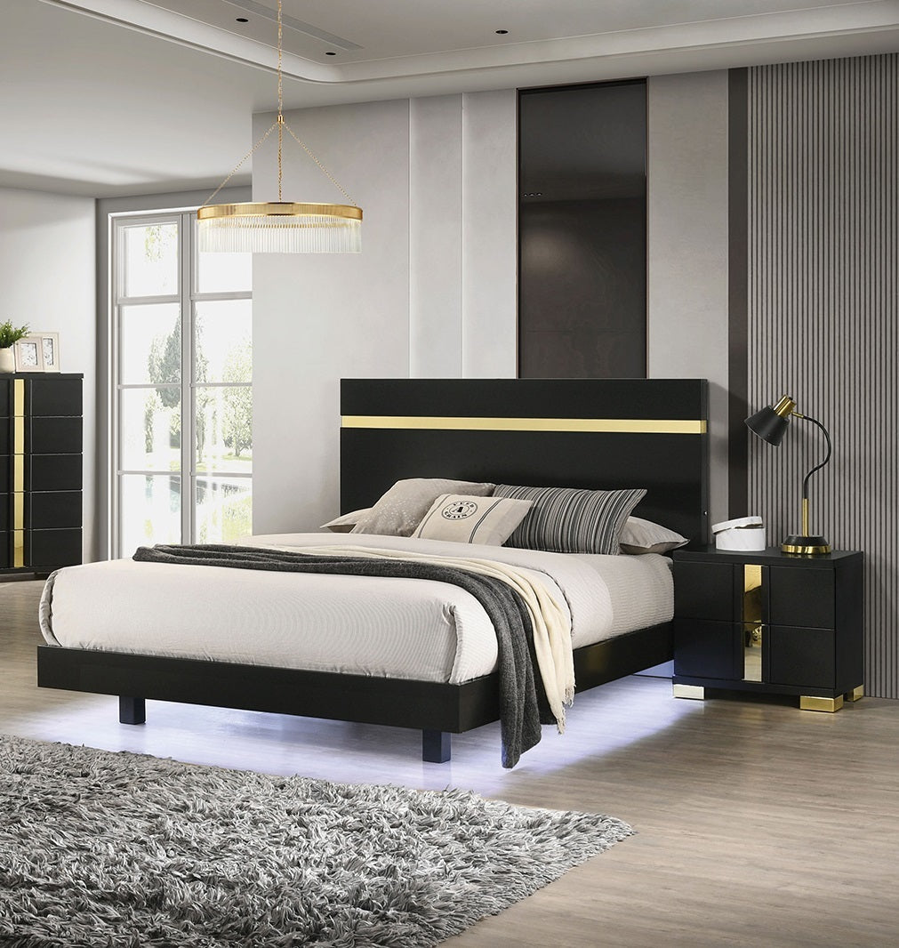 Modern Black 3pc Bedroom Set Full Size Bed w LED 2x Nightstands Mattress Ready Furniture Acrylic Trim