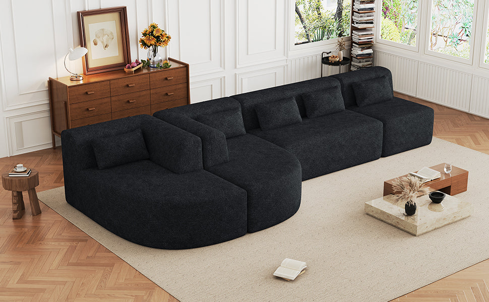 144' Upholstered Sofa Free-combined Sofa Couch with Two Chaise Lounge and Five Back Pillows for Living Room(Old SKU: N719S001600B), Black