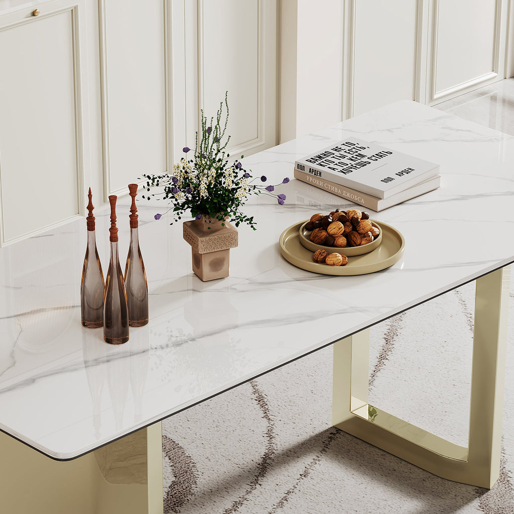 0.47' Thick Sintered Stone Composite Tempered Glass Top Rectangular Dining Table with Stainless Steel Base