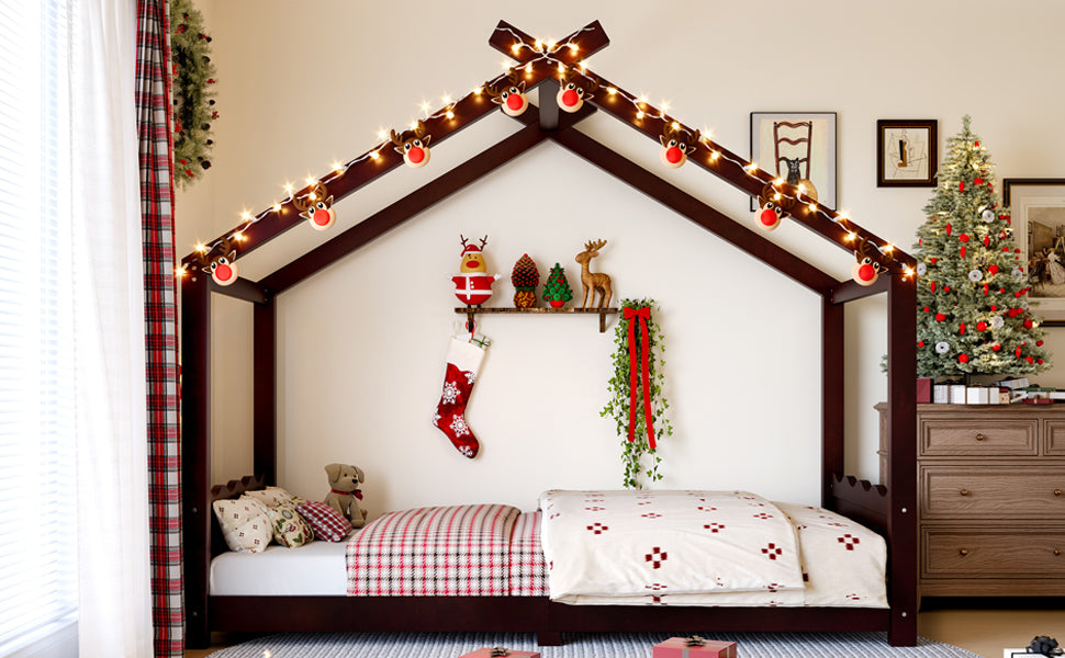 Twin House Floor Bed with Support Slats, Solid Wood House Bed Frame for Kids, No Box Spring Needed and Opening Constructure, Espresso