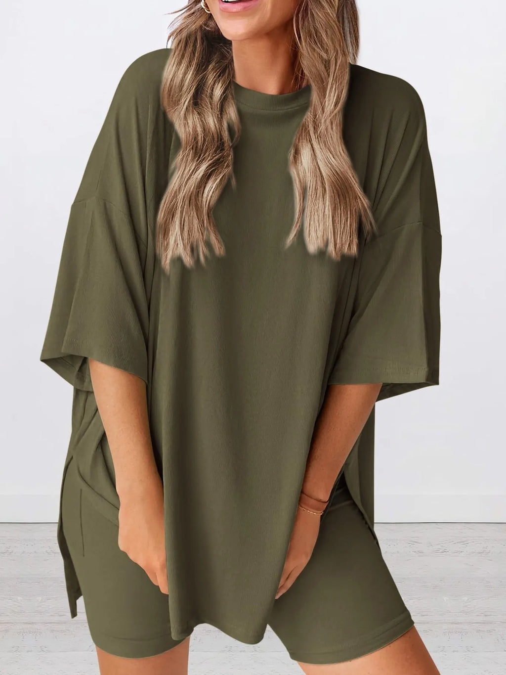 Oversized Slit Round Neck Top and Shorts Lounge Set Plus Size