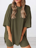 Oversized Slit Round Neck Top and Shorts Lounge Set Plus Size