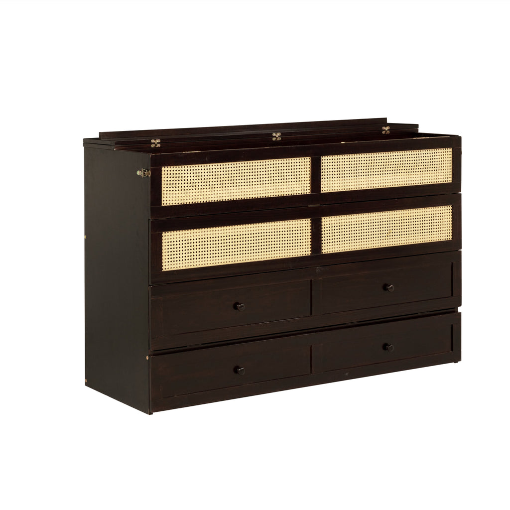 Queen Size Murphy Bed, Pine Wood Cabinet Bed with Rattan Decoration and Storage Drawer,Espresso