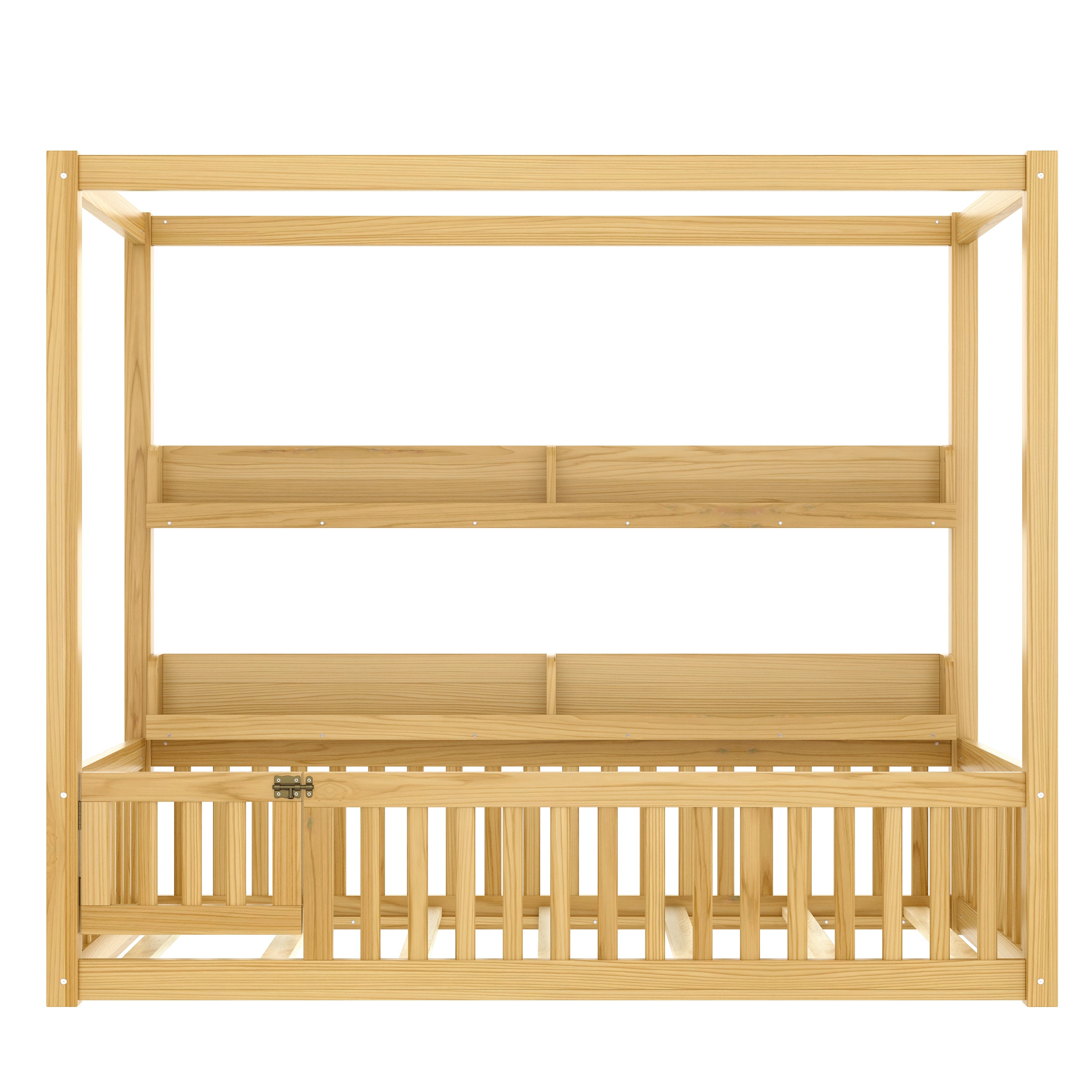 Twin Size Canopy Bed with Guardrails, Solid Wood Floor Bed with Shelves, Montessori Floor Bed Frame for Kids, Boys, Girls, No Spring Box Needed, Natural