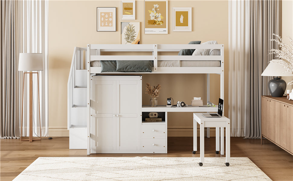 Full Size Loft Bed with Stairs, Bookshelf, Drawers, Desk & Wardrobe – Space-Saving Multifunctional Furniture for Kids & Teens-White