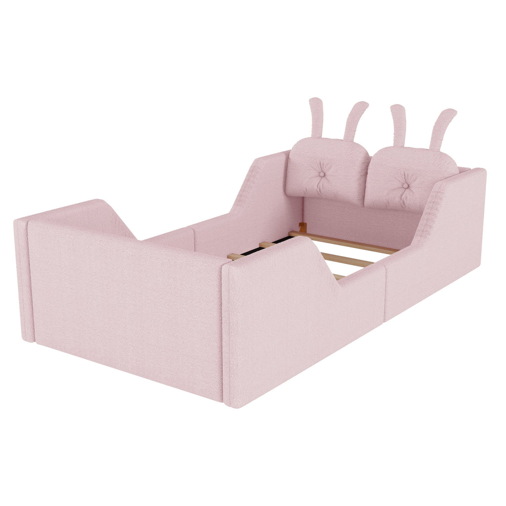 Twin Size Upholstered Platform Bed with Rabbit Cushion, Kids Floor Upholstered Bed with Removable Side Rails, Pink(Expect Arrival Date 2025/1/15)