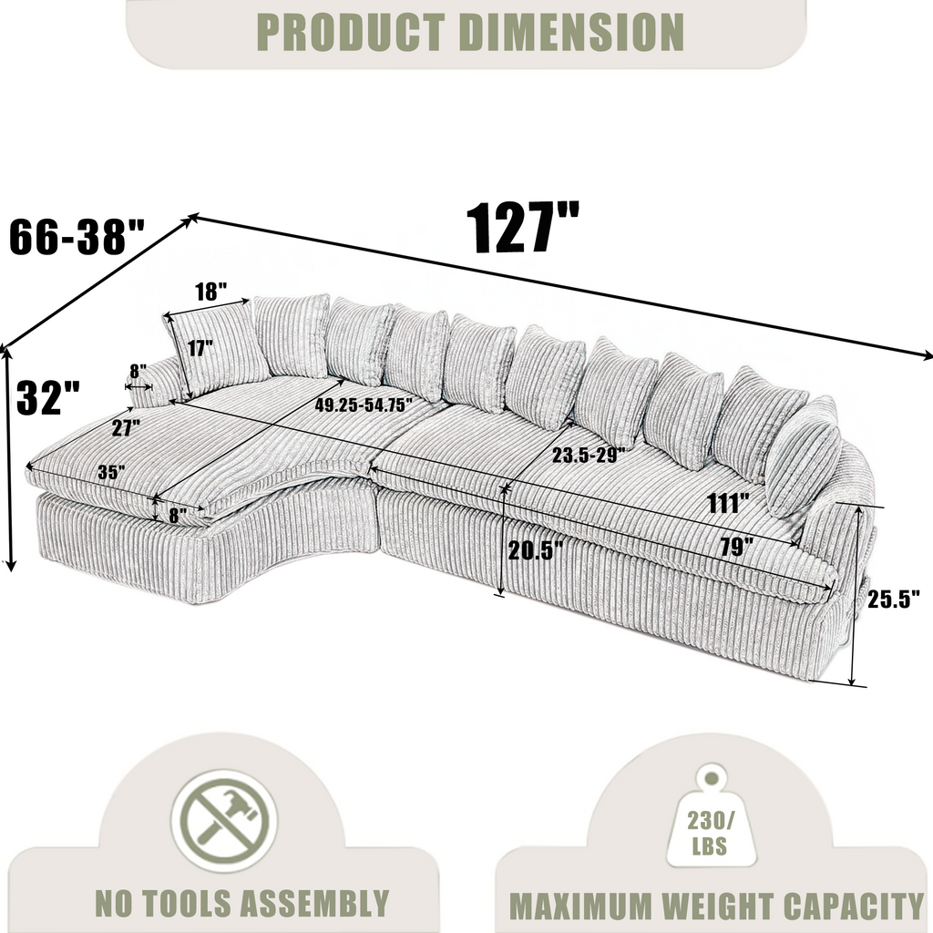 127''  Large Sectional Sofa ,Elegant Curved Design ,High-Resilience Foam ,Ten Back Cushions,L-Shape Left Sofa,No Assembly  Required , (Gray-Soft Corduroy Fabric)