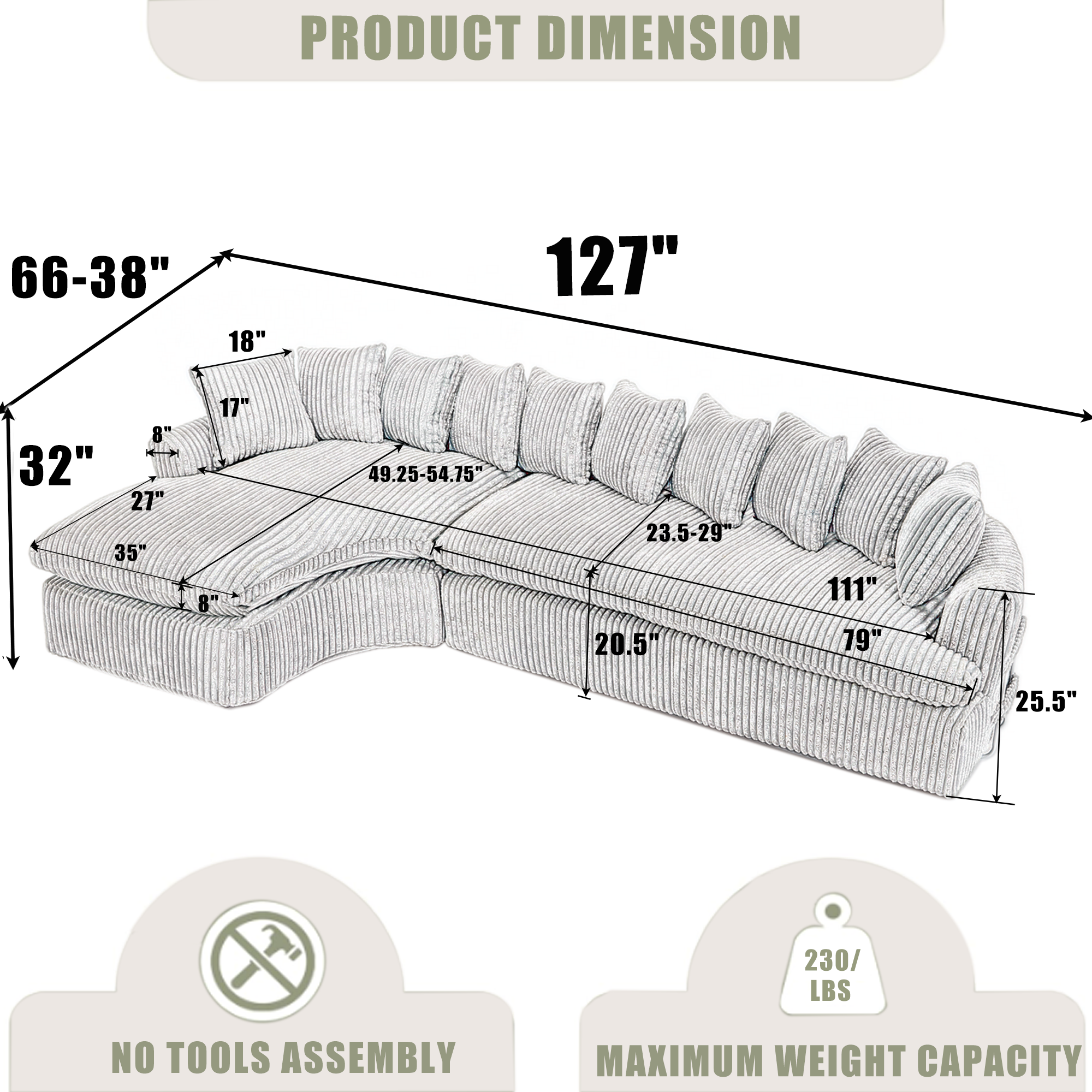127''  Large Sectional Sofa ,Elegant Curved Design ,High-Resilience Foam ,Ten Back Cushions,L-Shape Left Sofa,No Assembly  Required , (Gray-Soft Corduroy Fabric)