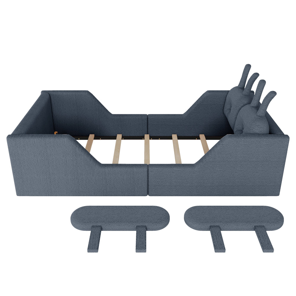 Twin Size Upholstered Platform Bed with Rabbit Cushion, Kids Floor Upholstered Bed with Removable Side Rails, Gray(Expect Arrival Date 2025/1/15)