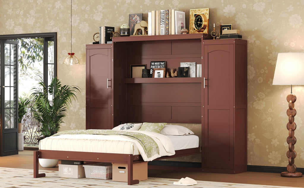Full Size Murphy Bed, Wooden Full Wall Bed with 2 Wardrobe and Storage Shelf, Multifunctional Foldable Platform Bedframe for Guest-Room, Bedroom, Walnut