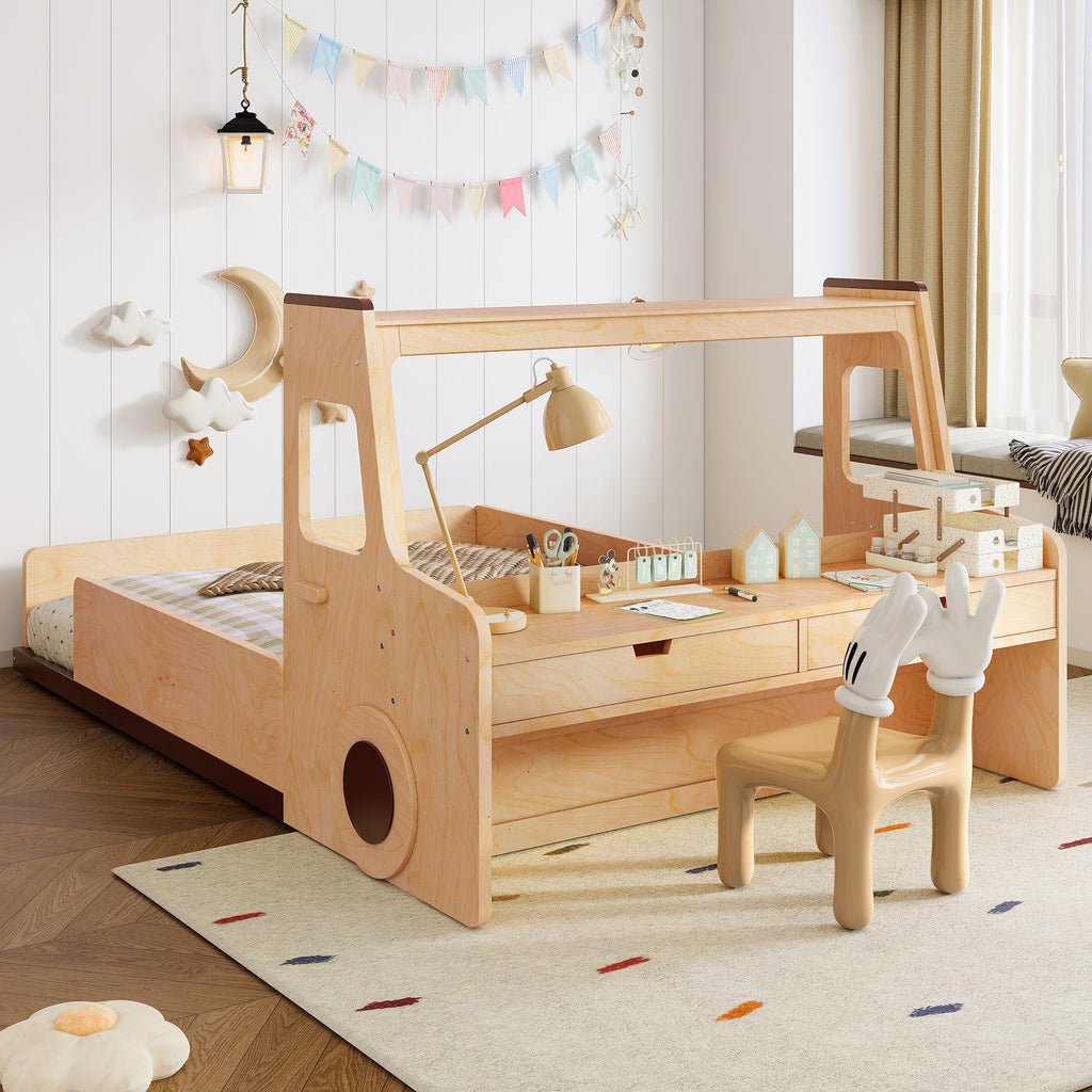 Full Size Floor Bed with Interesting Car-shape Design, Kids Car Floor Bed with Storage Drawers, Window, and Desk, Childlike Design, Natural