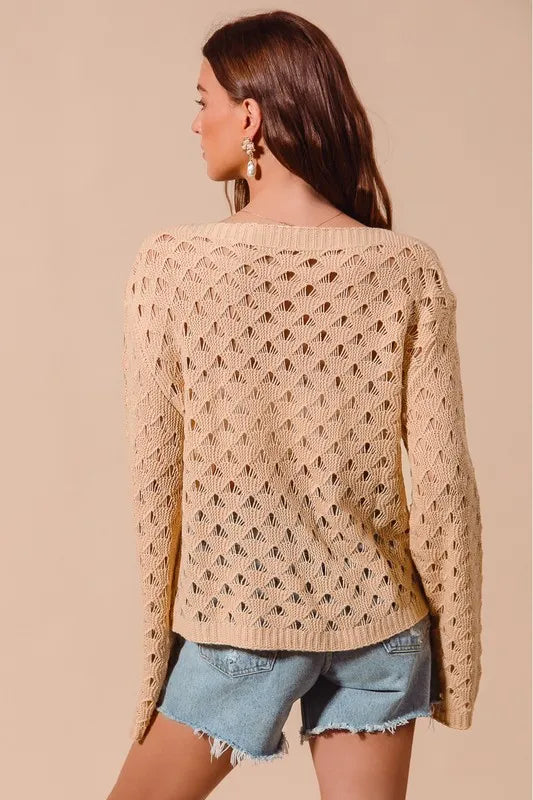 SO ME Geometric Pattern Open Knit Lightweight Sweater
