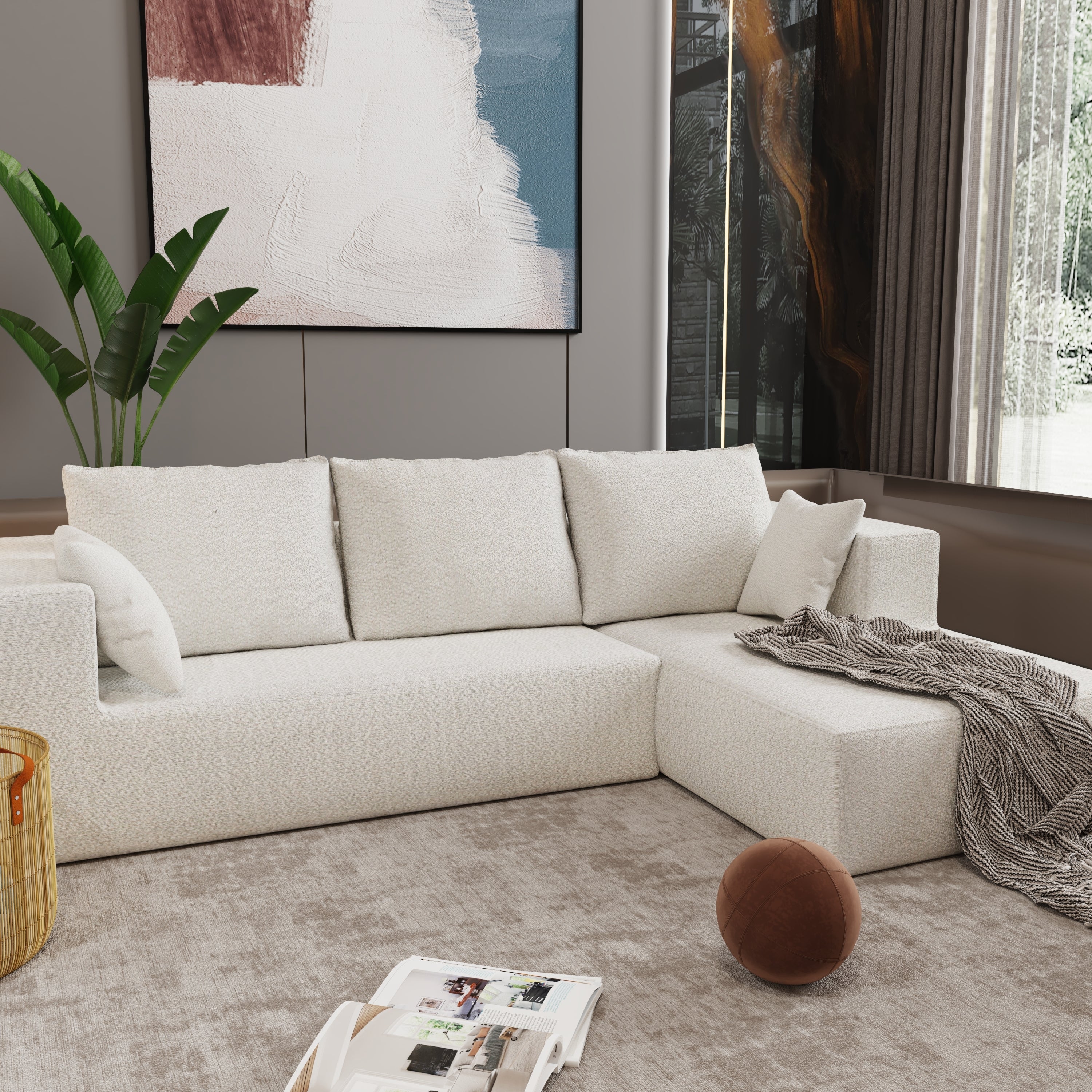 Combination sofa and sofa bed on the right corner, made of high-density sponge and soft linen fabric, with multiple combination methods (beige)