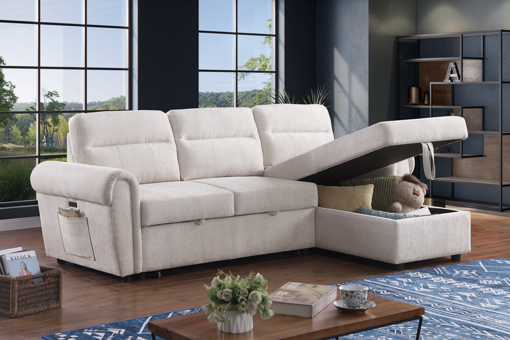 Hugo 97'W Beige Chenille Reversible Sleeper Sectional Sofa Chaise with USB Charger