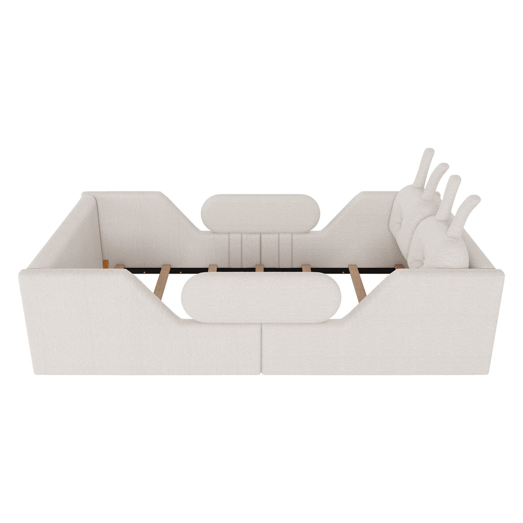 Twin Size Upholstered Platform Bed with Rabbit Cushion, Kids Floor Upholstered Bed with Removable Side Rails, White(Expect Arrival Date 2025/1/15)