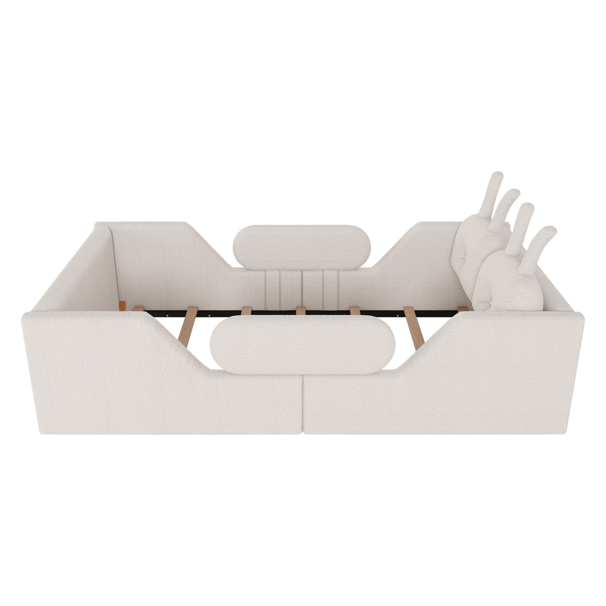 Twin Size Upholstered Platform Bed with Rabbit Cushion, Kids Floor Upholstered Bed with Removable Side Rails, White(Expect Arrival Date 2025/1/15)
