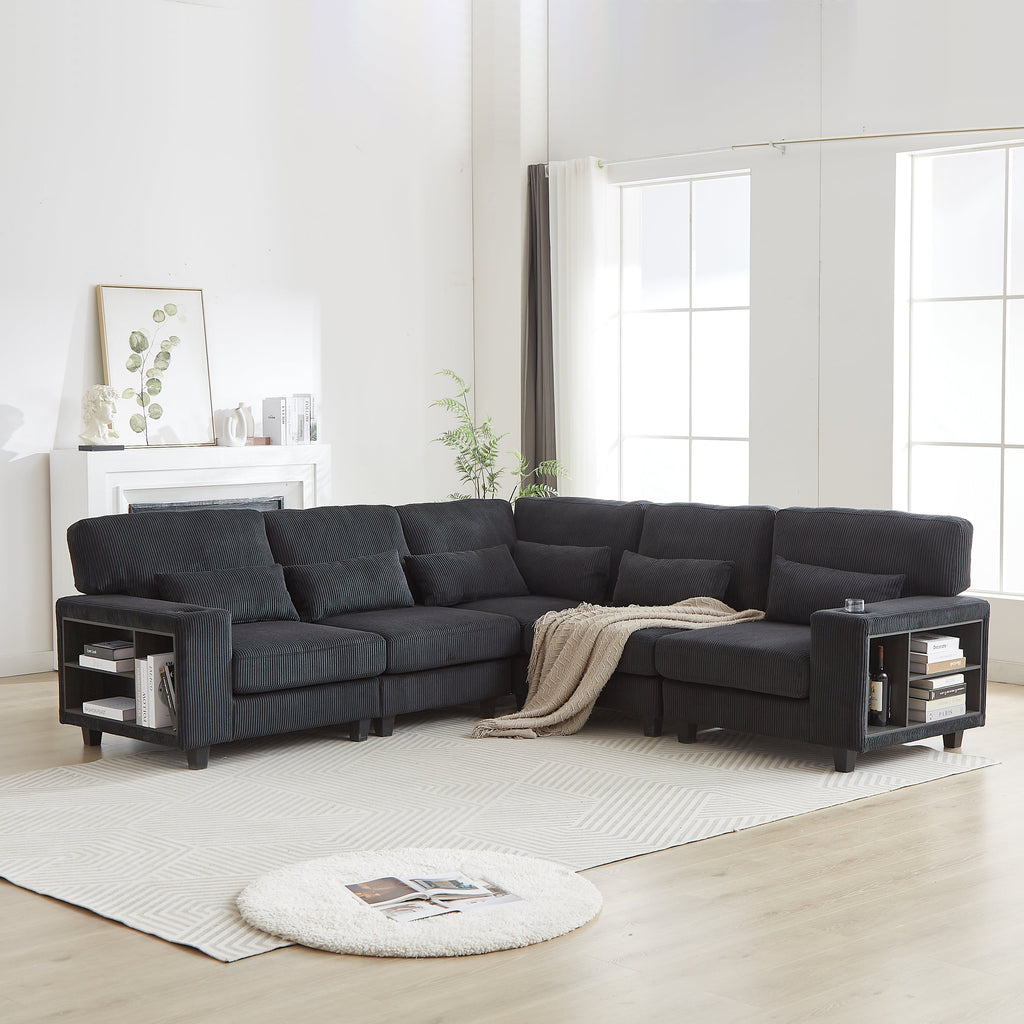 102.75*102.75' L-Shaped Modular Sectional Sofa, Modern Corduroy Sectional Sofa, Arm with Storage With Cup Holder 5-Seat Convertible Sectional Sofa for Living Room, Bedroom, Lounge and Projection Room