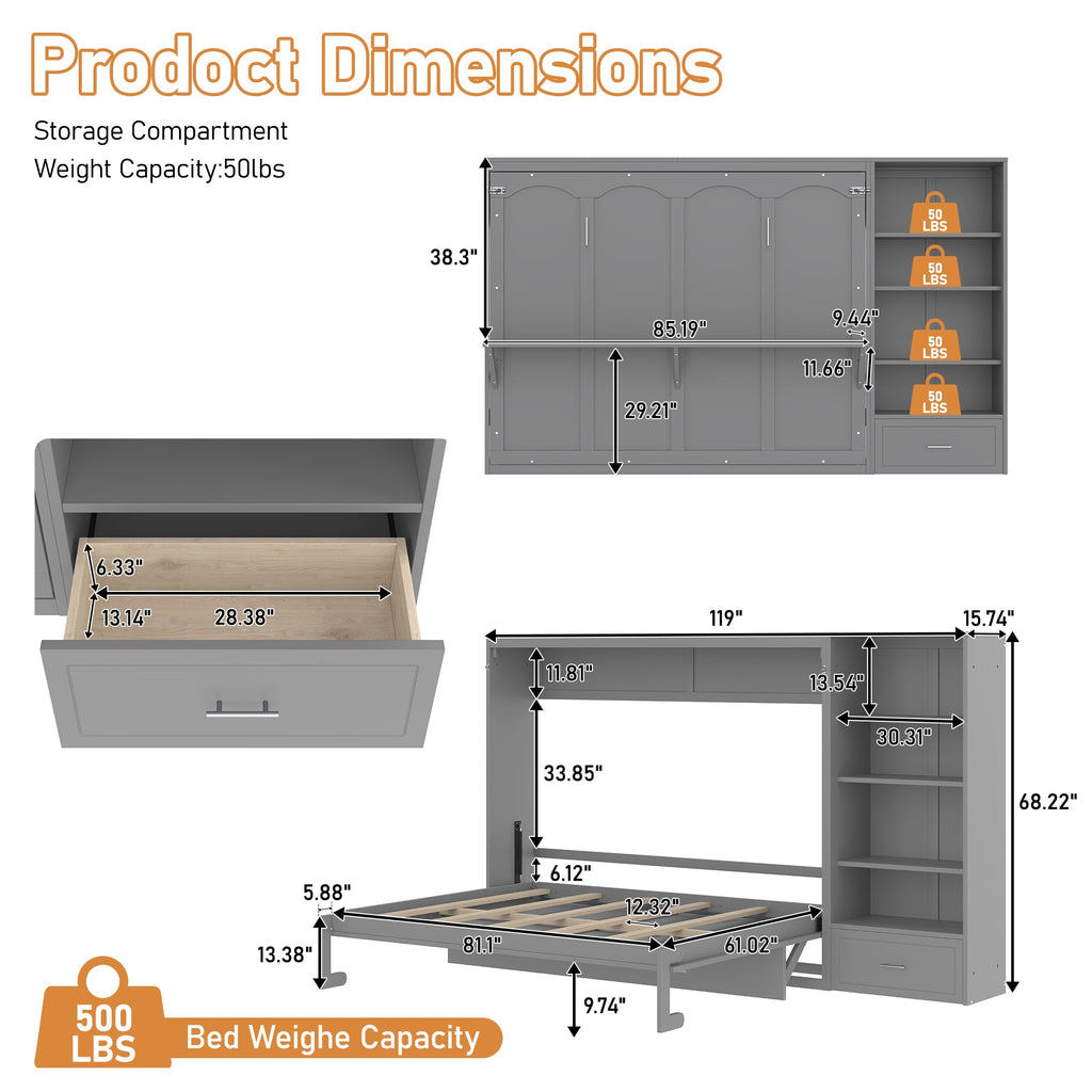 Queen Size Murphy Bed with Height Adjustable Storage Compartments and Shelf, Wall Bed Frame With 1 Drawer, Multifunctional Foldable Platform Bed for Small Space,Bedroom,Guest Room, Gray