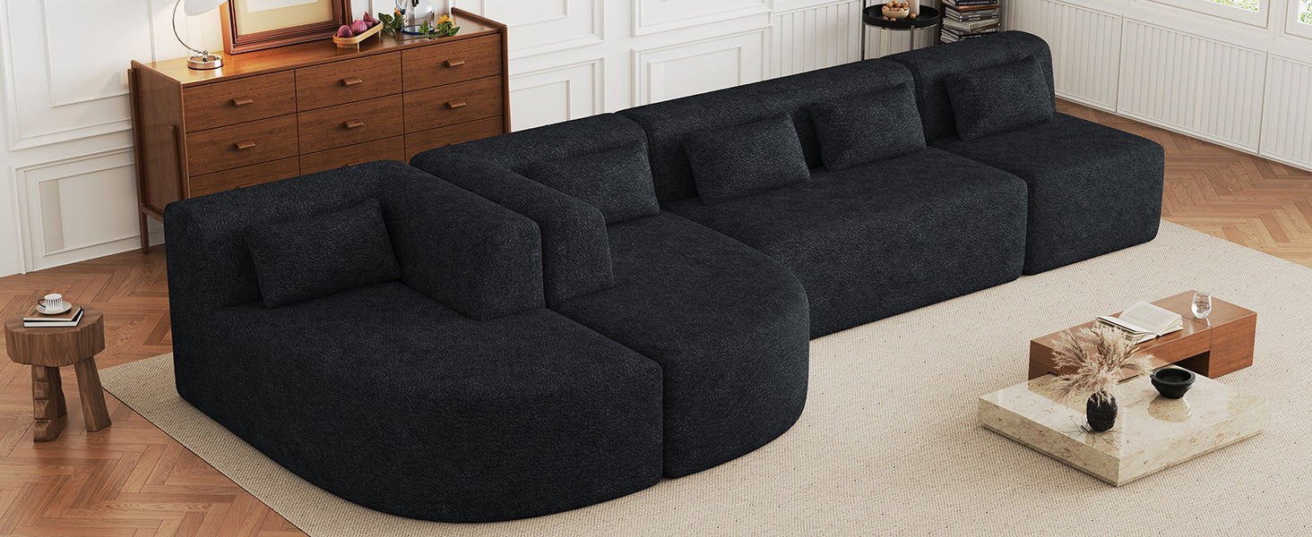 144' Upholstered Sofa Free-combined Sofa Couch with Two Chaise Lounge and Five Back Pillows for Living Room(Old SKU: N719S001600B), Black