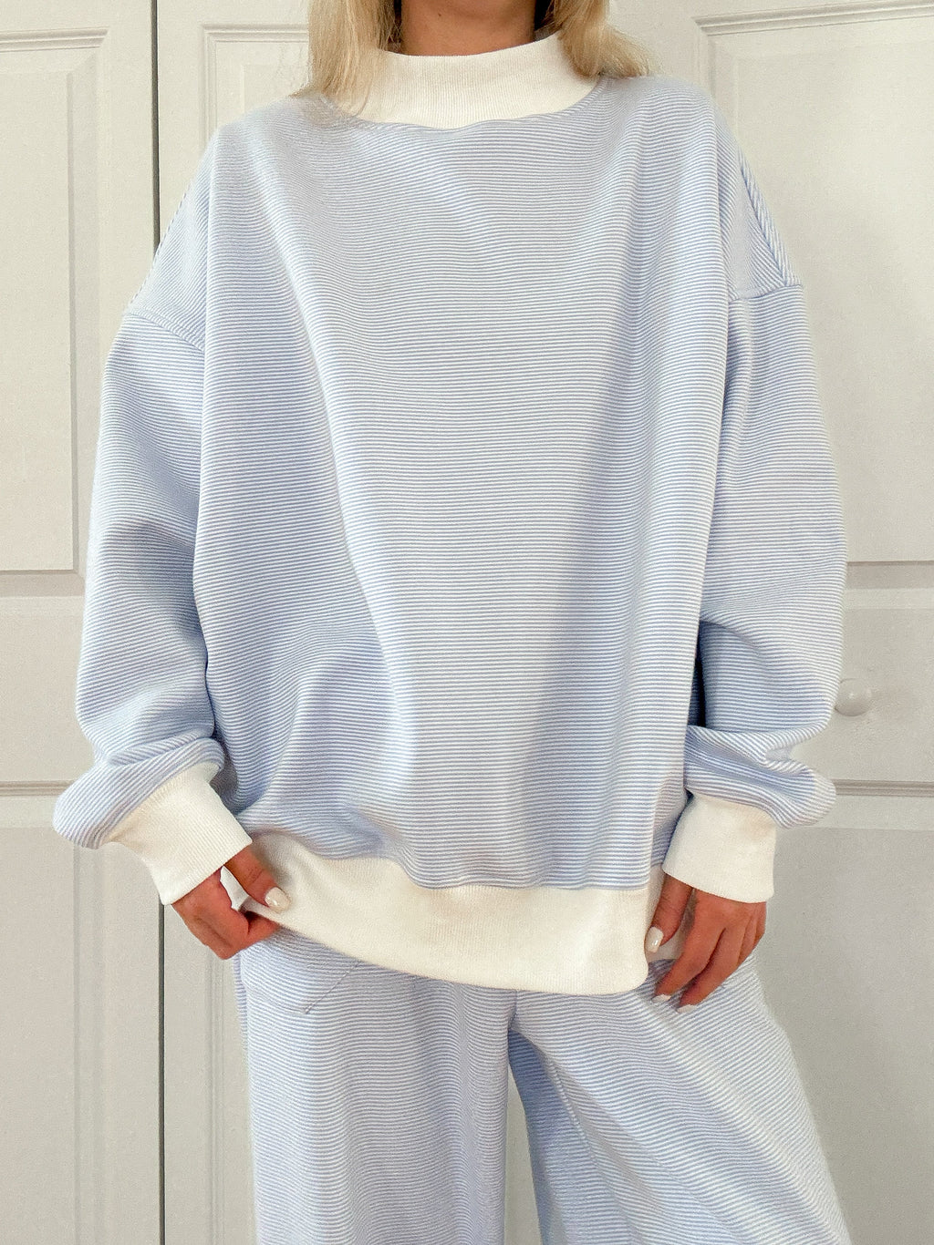 Blue and White Mini Striped Mockneck Sweatshirt