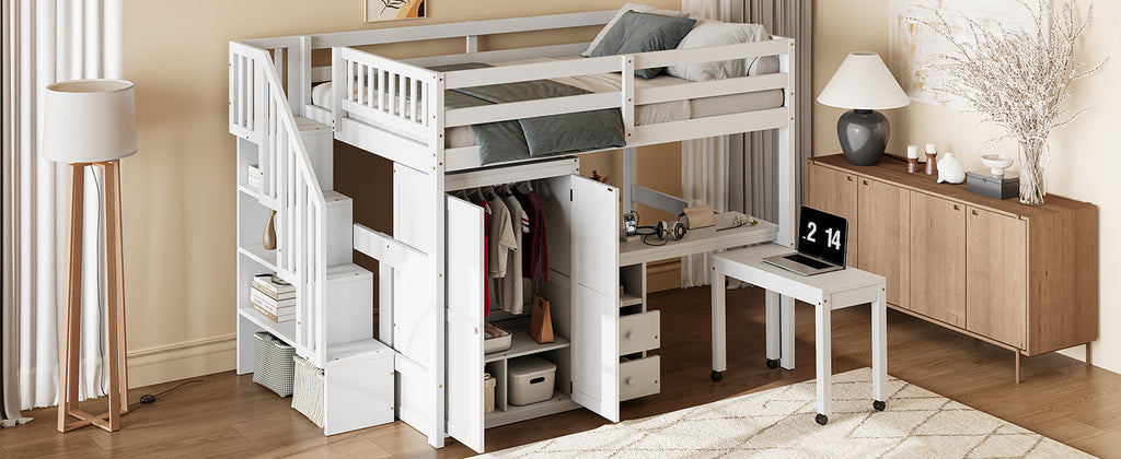 Full Size Loft Bed with Stairs, Bookshelf, Drawers, Desk & Wardrobe – Space-Saving Multifunctional Furniture for Kids & Teens-White